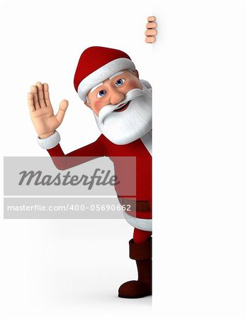 Cartoon Santa Claus waving from behind a blank sign - high quality 3d illustration