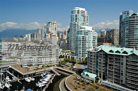 View of the Vancouver waterfront skyline in British Columbia, Canada.