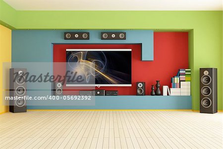 empty colorful living room with home theater  system-rendering-the image on screen is a my composition