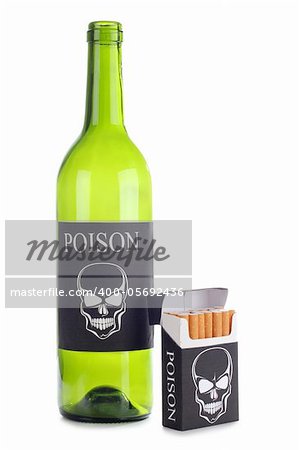 Color photo of a pack of cigarettes and a bottle of wine