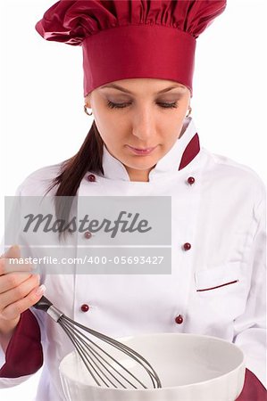 photo of successfull female restaurant chef with bowl and whip