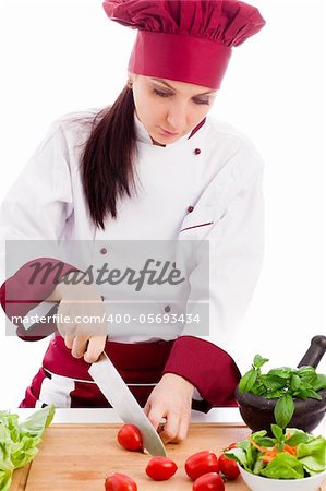 photo of succesfull female restaurant chef on white background