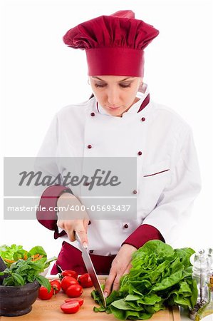 photo of succesfull female restaurant chef on white background