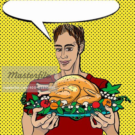 pop art thanksgiving decoration,man with a baked turkey