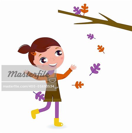 Little Girl & falling Tree Leaves - vector cartoon Illustration