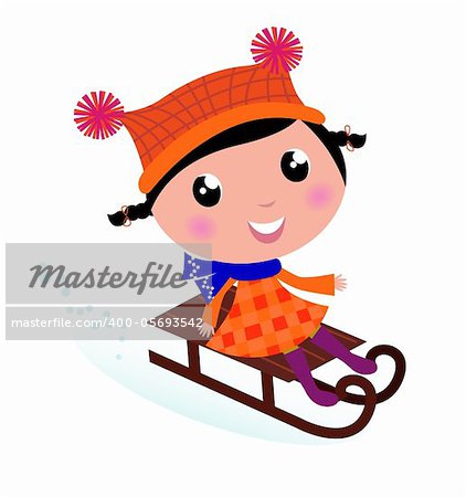 Cute Girl sledding in Winter. Vector cartoon Illustration.