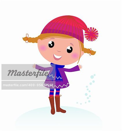 Little Girl in winter cosume isolated on white - vector cartoon