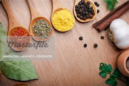 Various of spices in wooden spoon