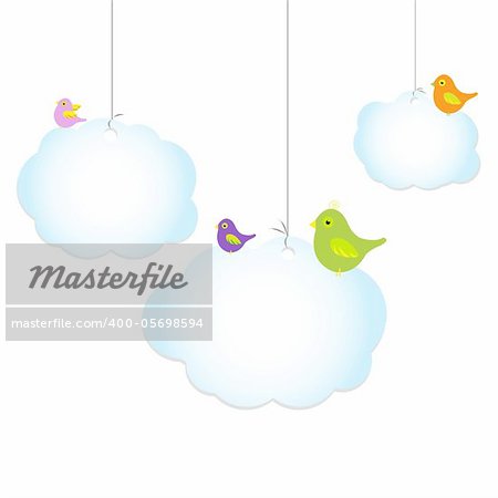 Birds Sitting On Сloud, Isolated On White Background, Vector Illustration