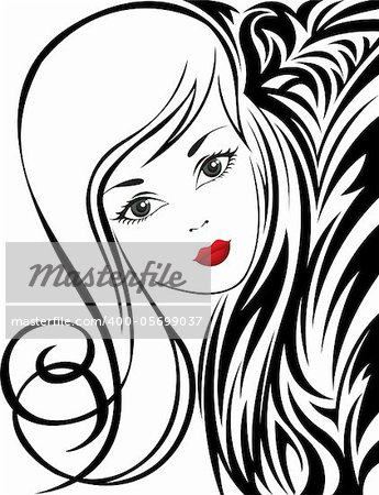 sketch of a beautiful girl on abstract black and white background
