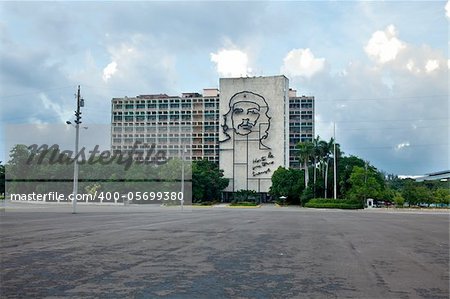 Ministry of the Interior building, featuring iron mural of Che Guevara's face at the Revolution Square in Havana, Cuba