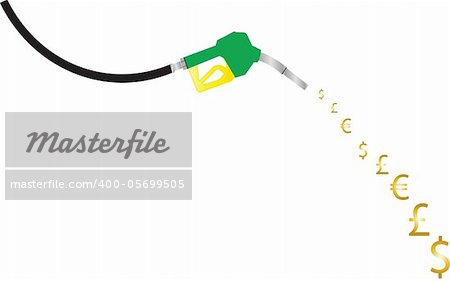 A Petrol Pump Nozzle pouring dollar euro and pound symbols concept of rising fuel prices