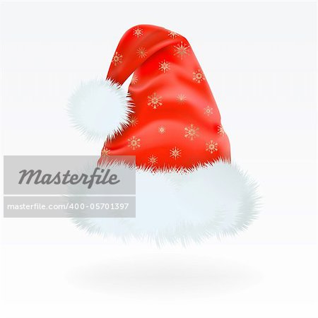 Red Santa Claus hat with the pattern of golden snowflakes . Mesh.