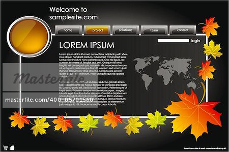 web site design template for company with dark background, white frame, and map of the world