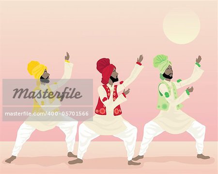 an illustration of three male punjabi dancers in colorful traditional clothing dancing under a warm sun