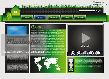 web site design template for company with green background, white frame, arrows and ecology motive