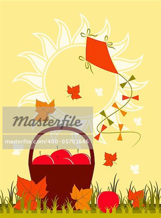 vector basket of apples, fallen leaves and kite, Adobe Illustrator 8 format