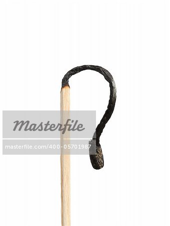 Closeup of one burnt match isolated on white background with clipping path