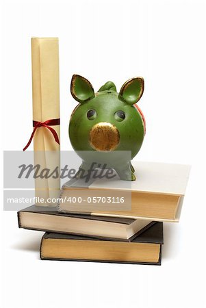 An isolated pig bank and diploma scroll represent educational finances.