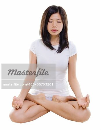 Woman in yoga, Lotus pose (Padmasana), on white background