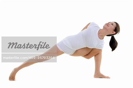 Woman in yoga, Side Angle Pose Sequence (Nirlamba Parsvakonasana), on white background