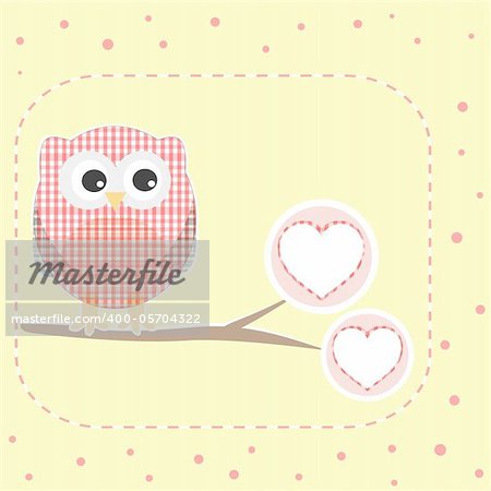 vector autumn love background with textile owls sitting on branch with heart