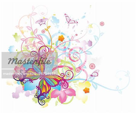 Abstract colourful butterfly background with stylised floral elements, patterns and splashes