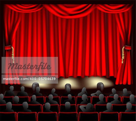 Illustration of theatre with curtains and audience.
