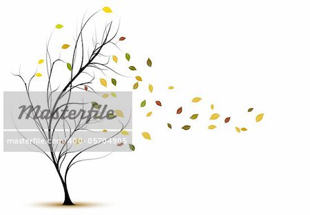 decorative vector tree silhouette in autumn with brown leaves and wind