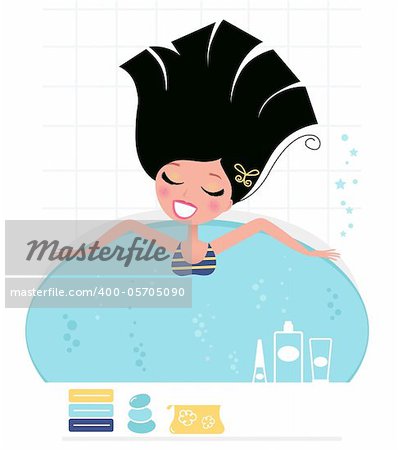 Young pretty woman relaxing in whirlpool. Vector Illustration in retro style.