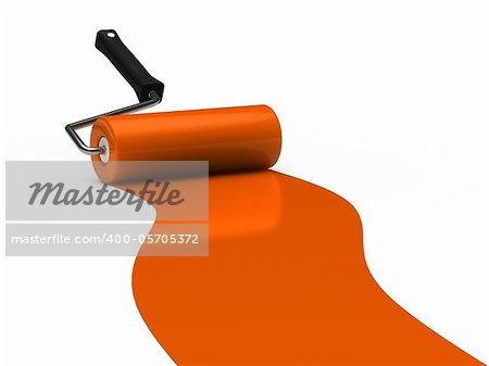3d paint roller orange color ground white