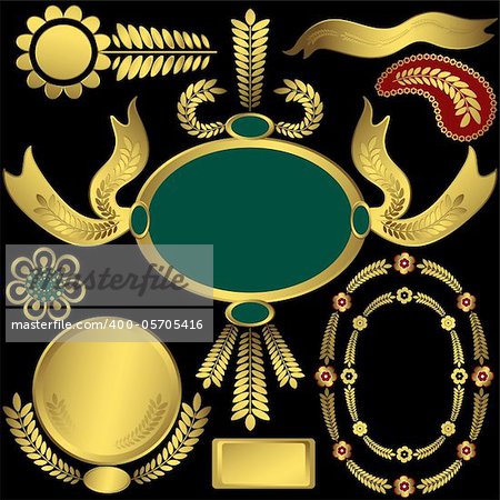 Collection golden elements and frames for design on black background (vector)