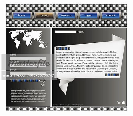 web site design template for company white frame, glossy buttons, origami and world map
