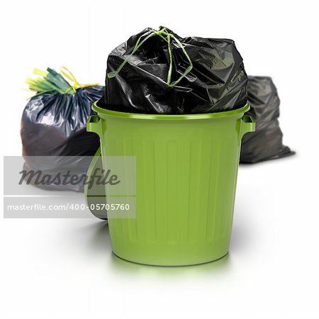 green garbage can over a white background with a plastic closed bag inside and two other plastic bags at the rear side - studio shot plus 3d trash