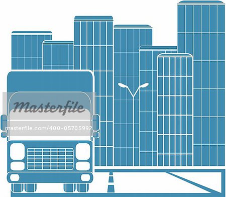 silhouette of truck on background of modern city