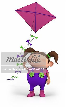 cute girl flying a kite - high quality 3d illustration