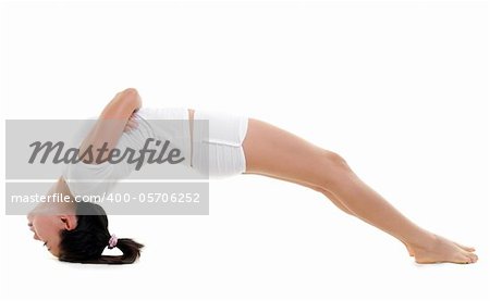Woman in yoga, BridgePosture (Setu Bandhasana), on white background