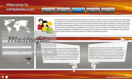 web site design template for company with wood background, white frame, arrows and world map