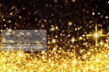 Image of Golden Christmas Lights and Stars Background