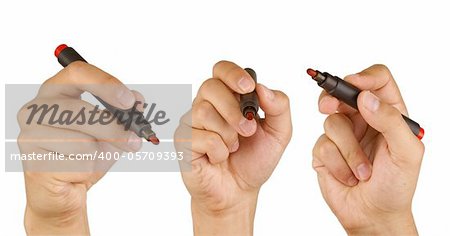 three point of view from male hand with red marker isolated on white background