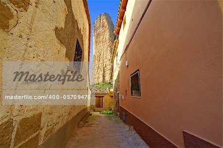 Narrow Street of a Medieval Spanish town, Overlooking the Rocky Foothills of the Pyrenees