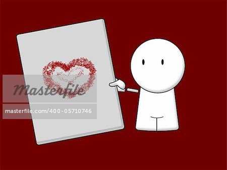 white character with heart on page isolated red background