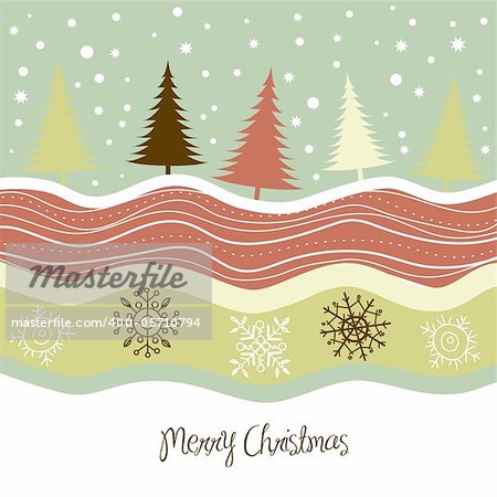 Christmas card with trees and snowflakes
