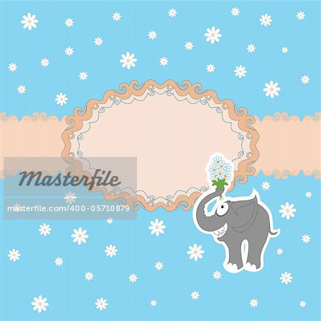 Template frame design for greeting card . Funny elephant with a bouquet of daisies