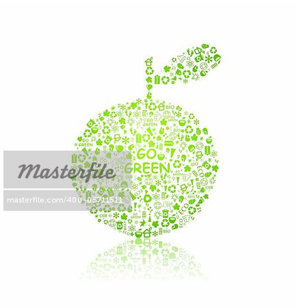 go green ecological pattern apple on white backdrop - bulb, leaf, globe, drop, apple, house, trash. Ecology concept in vector illustration.