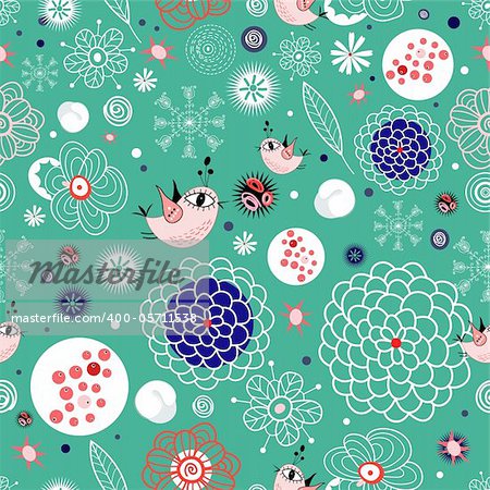 floral seamless pattern with birds and snowflakes on green background