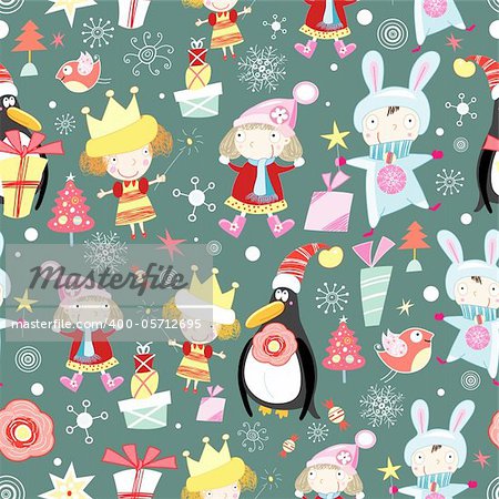 seamless pattern with children winter and penguins on a green background with gifts and snowflakes