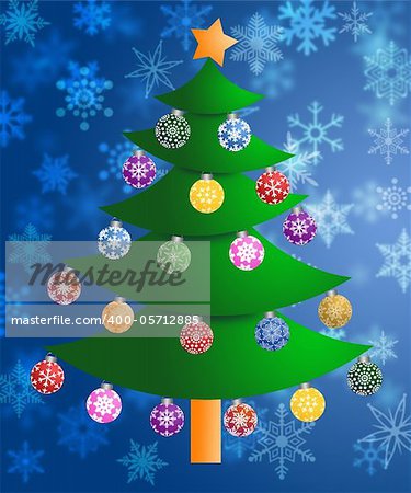 Colorful Christmas Tree on Blurred Snowflakes Background