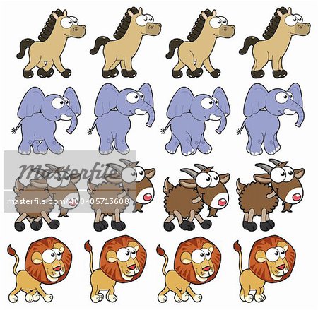Animal Walking animations. Vector cartoon and isolated characters. You can use four frames in loop, each animal.