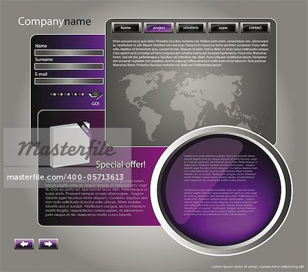 web site design template for company with purple background, white frame, arrows and world map